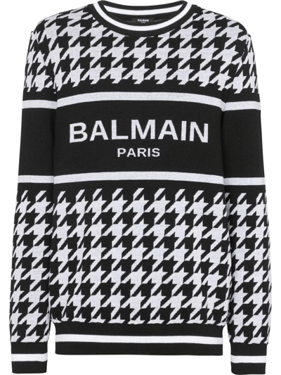 Shop Balmain Logo-print Houndstooth Jumper In Black