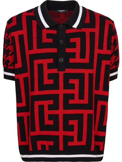 Vilje Bytte sælge Balmain Men's Mega Monogram & Houndstooth Knit Polo Shirt In Black/red |  ModeSens