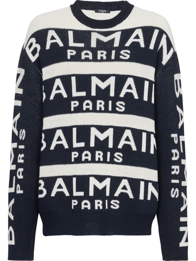 Shop Balmain Logo-print Knitted Jumper In Blue