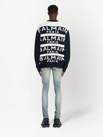 Shop Balmain Logo-print Knitted Jumper In Blue