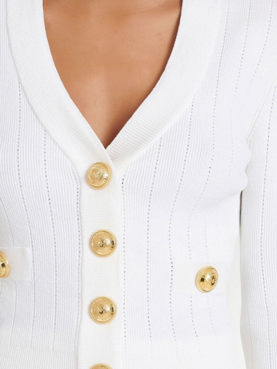 Shop Balmain Ribbed Padded Shoulder Cardigan In White