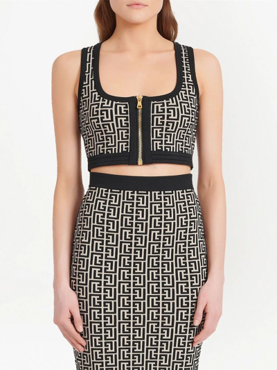 Balmain Monogram Wool-blend Crop Top In Black