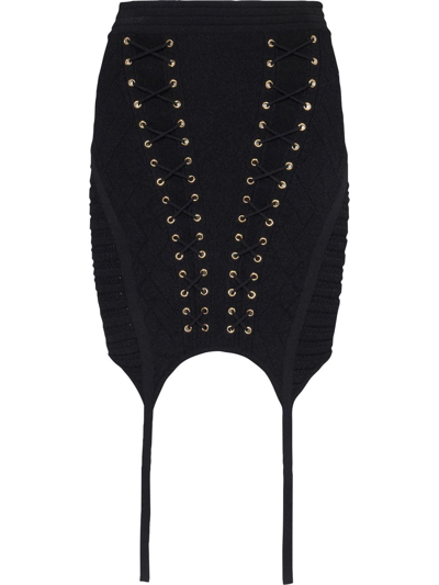 Shop Balmain Lace-up Detailed Knit Skirt In Black