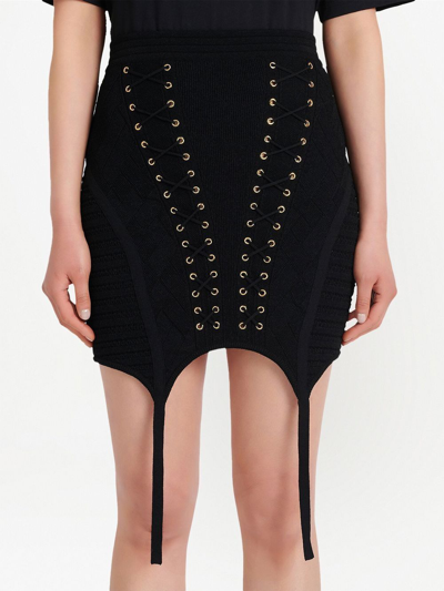 Shop Balmain Lace-up Detailed Knit Skirt In Black