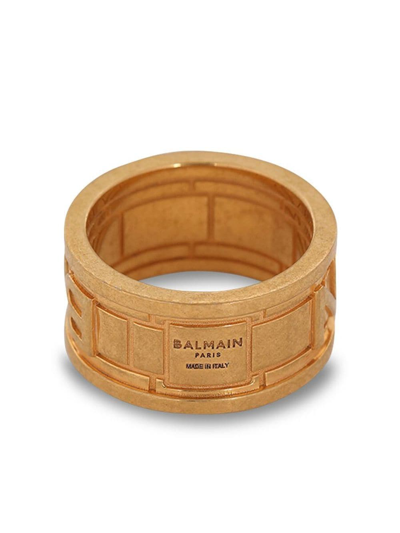 Balmain Logo-debossed Hammered Ring In Gold