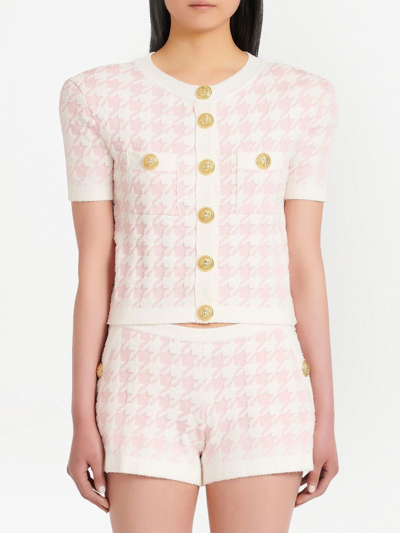 Shop Balmain Houndstooth Pattern Button-up Top In White