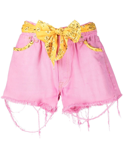 Shop Mc2 Saint Barth Paisley-print Embellished Denim Shorts In Pink