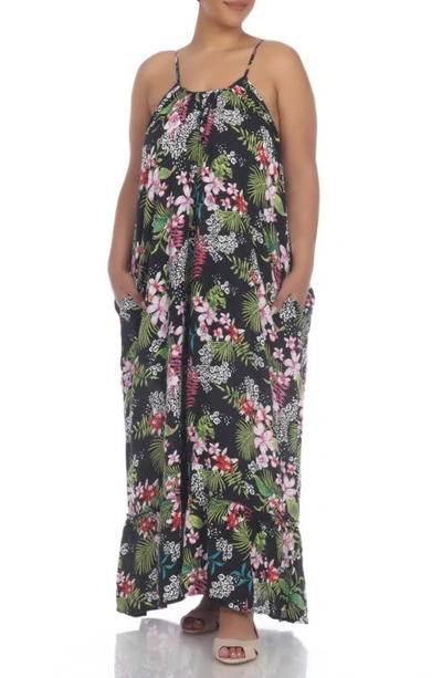 Shop Boho Me Scoop Neck Spaghetti Strap Floral Print Maxi Dress In Black