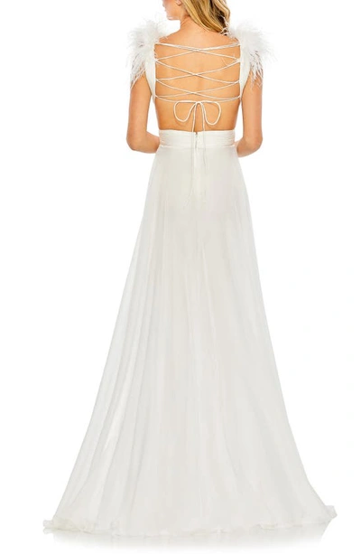 Shop Mac Duggal Feather Trim Plunge Neck A-line Gown In White
