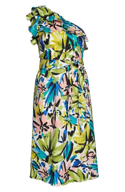 Shop Donna Morgan For Maggy Floral Print Ruffle One-shoulder Midi Dress In Soft White/ Olive Green