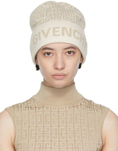 Shop Givenchy Beige 4g Beanie In 110 Mastic/white
