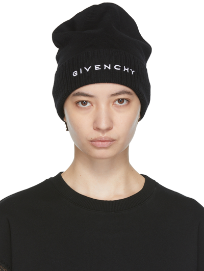 Shop Givenchy Black Logo Beanie In 004 Black/white