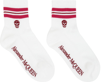 Shop Alexander Mcqueen White & Red Stripe Skull Socks In 9090 White/pink