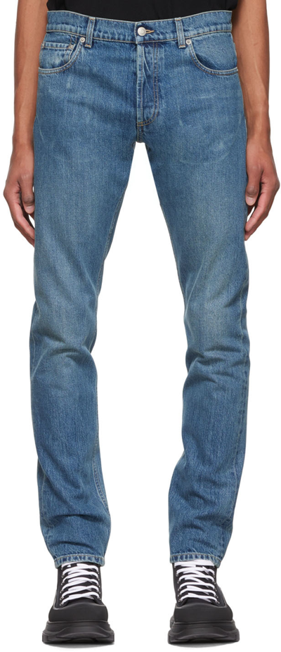 Shop Alexander Mcqueen Blue Embroidered Jeans In 4001 Blue Washed