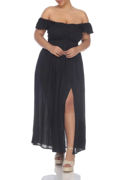 Shop Boho Me Off The Shoulder Flutter Sleeve Smocked Maxi Dress In Black