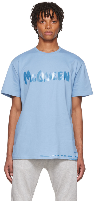 Shop Alexander Mcqueen Blue Graffiti T-shirt In 0913sky Blu