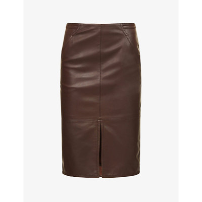 Shop Max Mara Corsica Front-split Woven Midi Skirt In Dark Brown