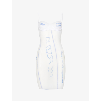 Di Petsa Wet Dreams Text-print Recycled-polyester Blend Mini Dress In White Blue Text
