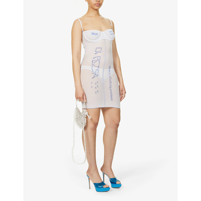 Di Petsa Wet Dreams Text-print Recycled-polyester Blend Mini Dress In White Blue Text