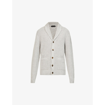 Shop Tom Ford Shawl-collar Cable-knit Cashmere-blend Knitted Cardigan In Lt Gry Sld