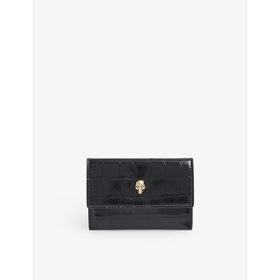 Shop Alexander Mcqueen Women's Black Croc-embossed Leather Card Holder