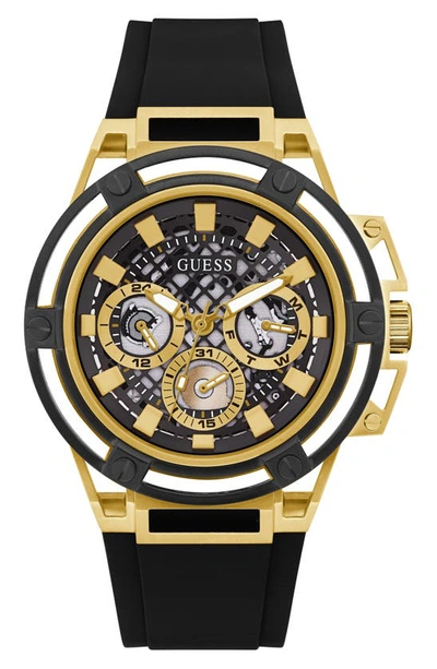 Shop Guess Multifunction Silicone Strap Watch, 46mm In Black