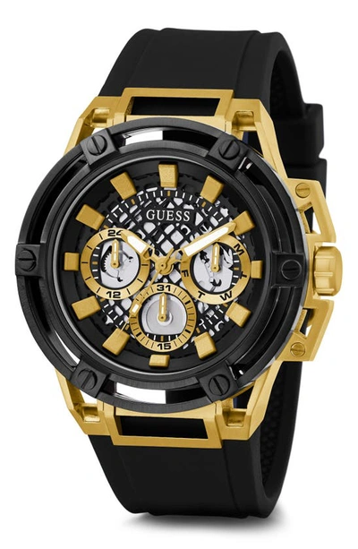 Shop Guess Multifunction Silicone Strap Watch, 46mm In Black