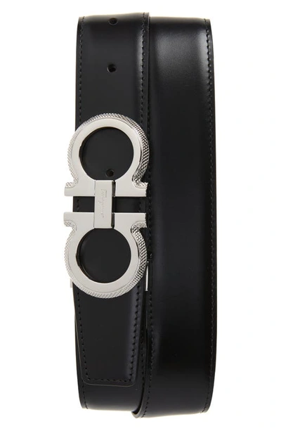 Shop Ferragamo Double Gancio Calfskin Leather Belt In Nero Hickory