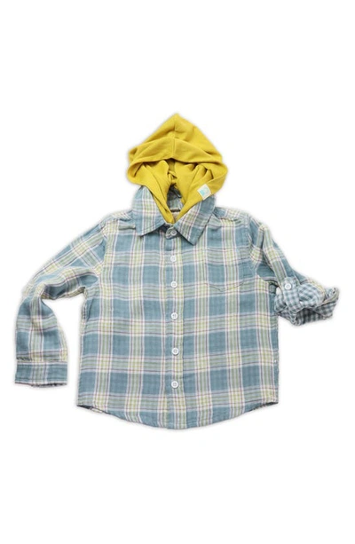 Shop Thoughtfully Hooded Kid's Print Button-up Shirt & Two Hoods Set In Light Blue Plaid