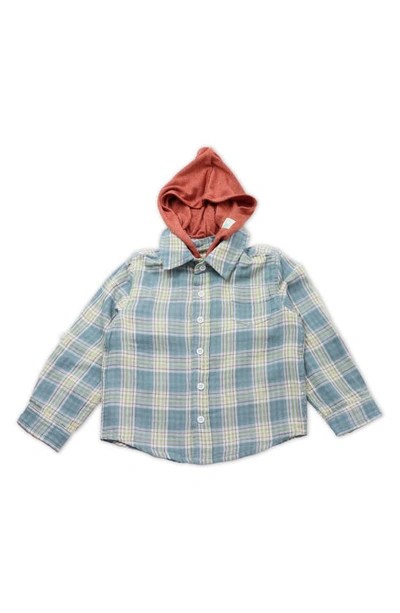 Shop Thoughtfully Hooded Kid's Print Button-up Shirt & Two Hoods Set In Light Blue Plaid