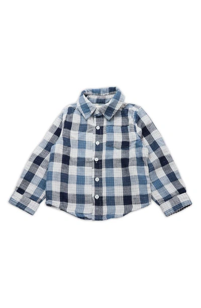 Shop Thoughtfully Hooded Kid's Print Button-up Shirt & Two Hoods Set In Navy Plaid