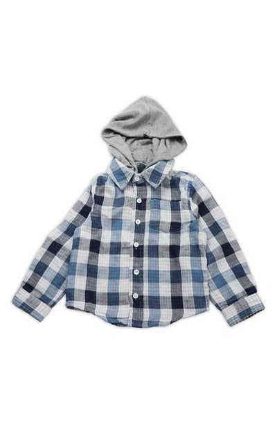 Shop Thoughtfully Hooded Kid's Print Button-up Shirt & Two Hoods Set In Navy Plaid