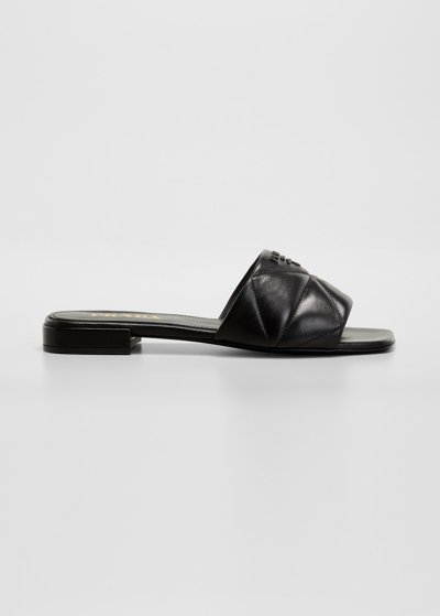 Shop Prada Quilted Lambskin Logo Flat Sandals In Nero