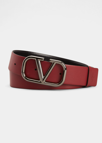 Shop Valentino Men's Reversible Leather V-logo Buckle Belt In Black/red