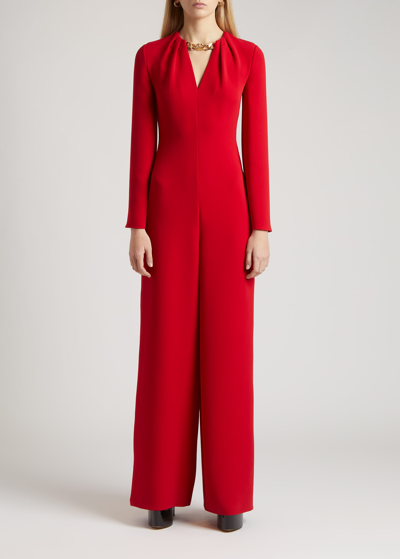 Shop Valentino Logo Chain Straight-leg Crepe Jumpsuit In Red