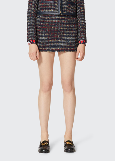 Shop Valentino Tweed Mini Skirt With V Detail In Navy Multi