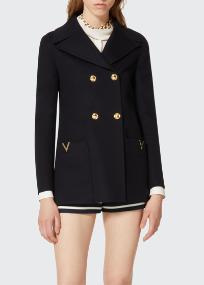 Shop Valentino V Logo Notched Double-breasted Wool Coat In Navy