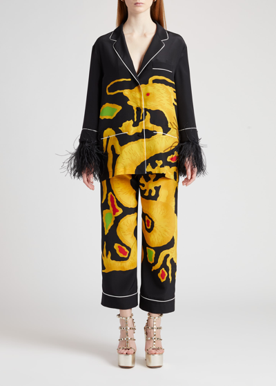 Shop Valentino Dragon-print Feather Trim Silk Pajama Top In Black Multi