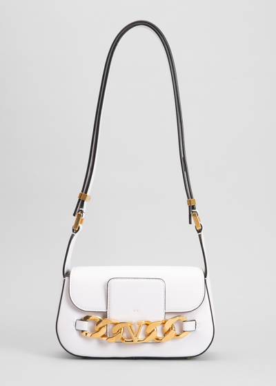 Shop Valentino Small Vlogo Chain Leather Shoulder Bag In 001 Bianco Ottico