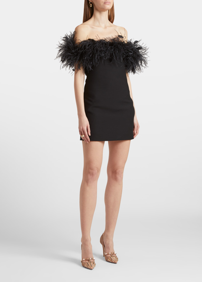 Shop Valentino Off-the-shoulder Feather-trim Crepe Mini Dress In Black