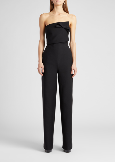 Shop Valentino Asymmetric Strapless Wide-leg Crepe Jumpsuit In Black