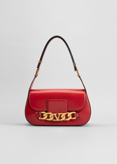 Shop Valentino Small Vlogo Chain Leather Shoulder Bag In 0ro Rosso V