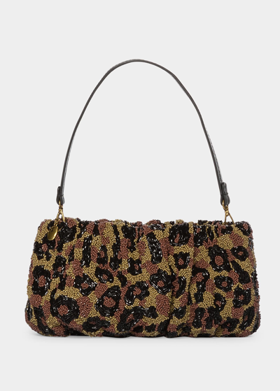 Shop Staud Bean Beaded Shoulder Bag In Leopard