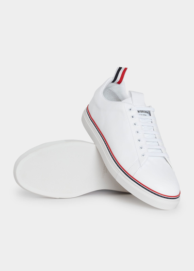 Shop Thom Browne Men's Tri-stripe Leather Low-top Sneakers In White