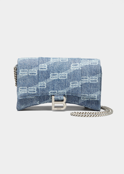 Shop Balenciaga Hourglass Monogram Denim Wallet On Chain In 4716 Blue