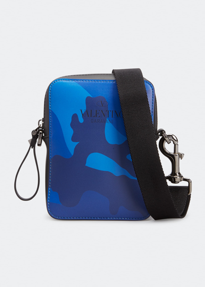 Shop Valentino Men's Small Camouflage Leather Crossbody Bag In Blue Multi