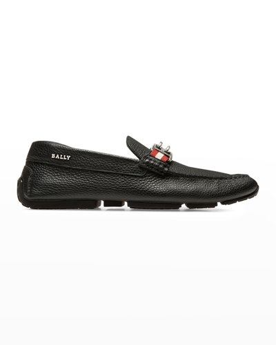 Shop Bally Men's Parsal Pebbled Leather Drivers With B-chain Bit In Black