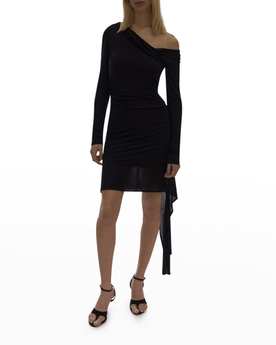 Shop Helmut Lang Scala Draped Long-sleeve Asymmetric Hem Mini Dress In Bslt Black