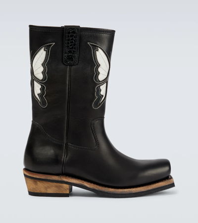 Shop Our Legacy Embroidered Leather Cowboy Boots In Schmetterling Black Leather