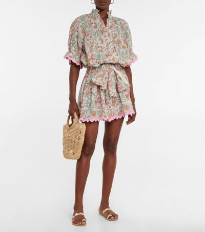 Juliet Dunn Floral Cotton Minidress In White Multi